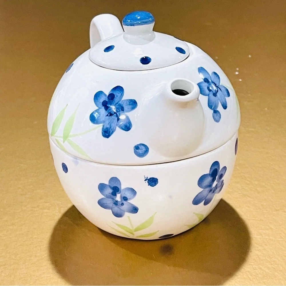 Stackable Ceramic Tea Pot Mug Blue Floral Tea For One
